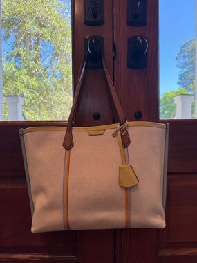 New With Tags Tory Burch Cream Canvas Tote with Brown Handles and Yellow Trim